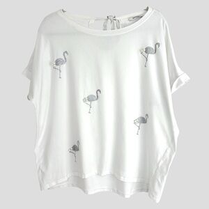 Orsay White Flamingo Top Women’s L Silver Glitter Pearls Grunge Whimsical Y2K